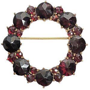 Gold Tone Rose Cut Garnet Round Open Circular  Brooch Pin